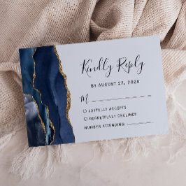 Tarjeta De Confirmación De Asistencia Elegante Boda de Agata Azul Marino Dorado