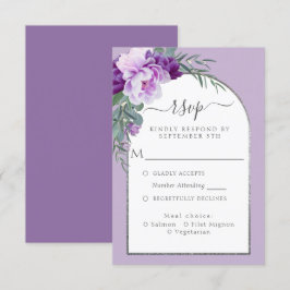 Tarjeta De Confirmación De Asistencia Elegante Boda de arco plateado con flor morado