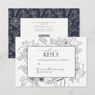 Tarjeta De Confirmación De Asistencia Elegante Boda de Arte de la Línea Azul Floral de l