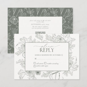 Tarjeta De Confirmación De Asistencia Elegante Boda de Arte de la Línea Verde Floral Sag