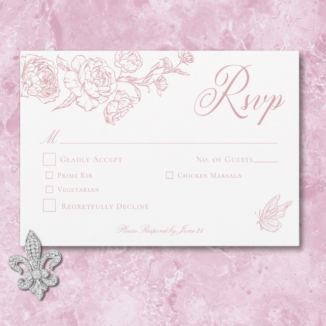 Tarjeta De Confirmación De Asistencia Elegante Boda de Aves y Escudos Chino (Elegant Pink Chinoiserie Bird & Crest Wedding RSVP Card)