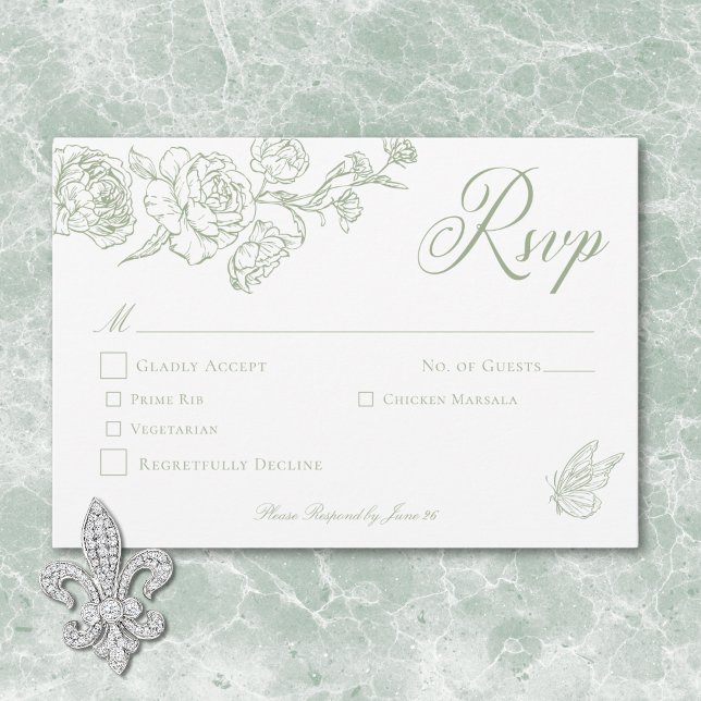 Tarjeta De Confirmación De Asistencia Elegante Boda de Aves y Escudos de Chinoiserie ver (Elegant Green Chinoiserie Bird & Crest Wedding RSVP Card)