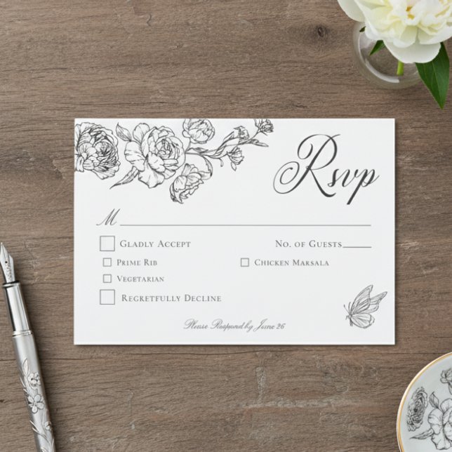 Tarjeta De Confirmación De Asistencia Elegante Boda de Aves y Escudos de la Chinoiserie  (Subido por el creador)