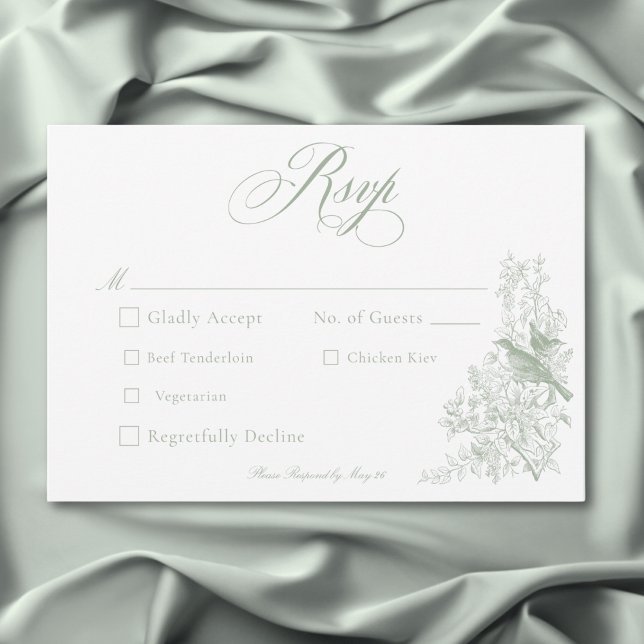 Tarjeta De Confirmación De Asistencia Elegante Boda de Aves y Naturaleza de Chinoiserie  (Elegant Green Chinoiserie Nature & Birds Wedding RSVP Card)