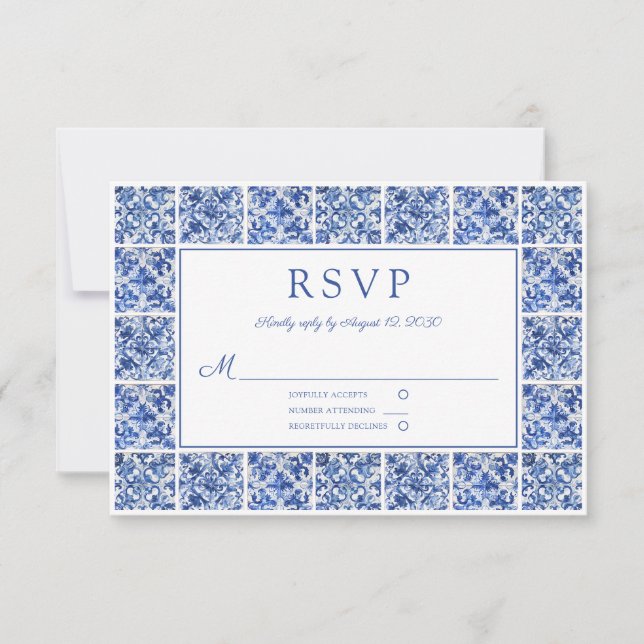 Tarjeta De Confirmación De Asistencia Elegante Boda de azulejos azules (Anverso)