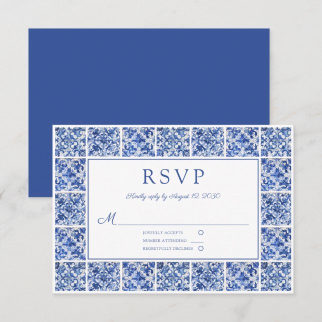 Tarjeta De Confirmación De Asistencia Elegante Boda de azulejos azules mediterráneos (Anverso / Reverso)