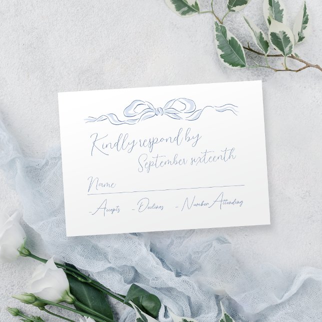 Tarjeta De Confirmación De Asistencia Elegante Boda de barniz azul turbio (Elegant Dusty Blue Hand Drawn Bow Wedding RSVP Card)