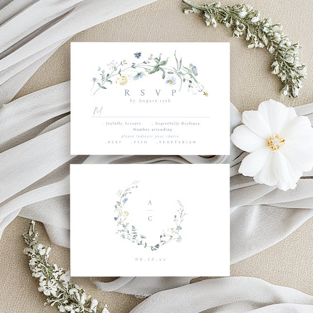 Tarjeta De Confirmación De Asistencia Elegante Boda de Boho Rústico Dusty Blue Wildflowe (Elegant Dusty Blue Wildflower Rustic Boho Wedding RSVP Card)