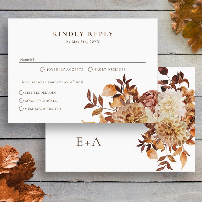 Tarjeta De Confirmación De Asistencia Elegante Boda de Caída Floral (Elegant Floral Fall Wedding RSVP Card back Monogram by Painted Paperie
)
