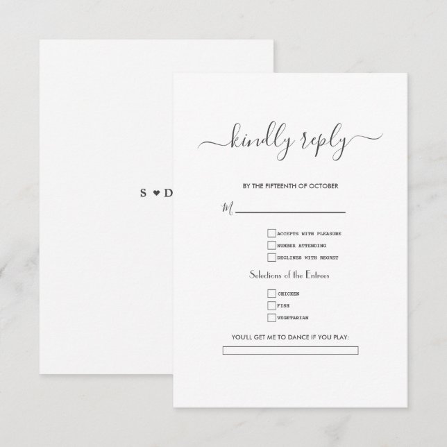 Tarjeta De Confirmación De Asistencia Elegante Boda de caligrafía blanca negra (Anverso / Reverso)