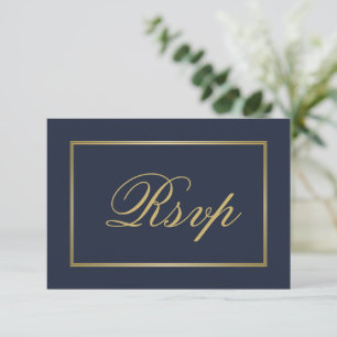 Tarjeta De Confirmación De Asistencia Elegante Boda de caligrafía de guion azul de oro d