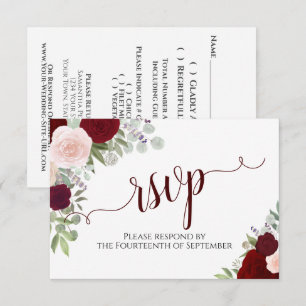 Tarjeta De Confirmación De Asistencia Elegante Boda de caligrafía floral de Borgoña