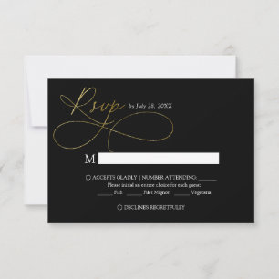 Tarjeta De Confirmación De Asistencia Elegante boda de caligrafía script negra y dorada