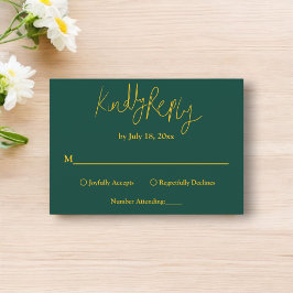 Tarjeta De Confirmación De Asistencia Elegante Boda De Caligrafía Verde Y Oro