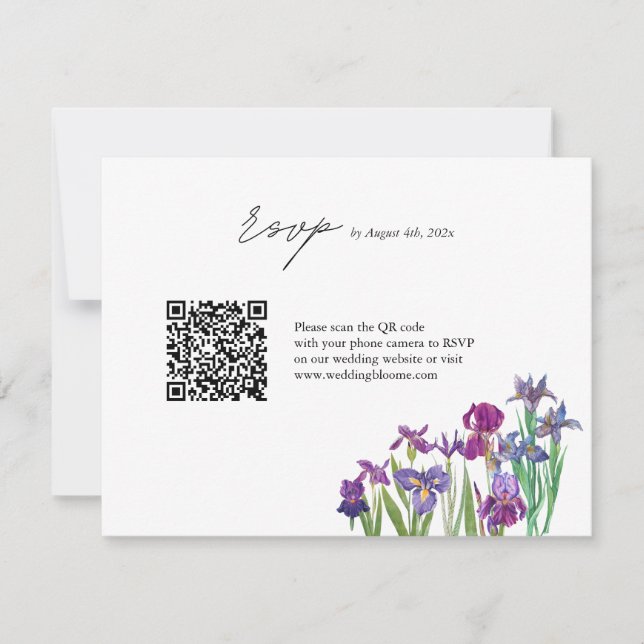 Tarjeta De Confirmación De Asistencia Elegante boda de código QR de flor Iris (Anverso)