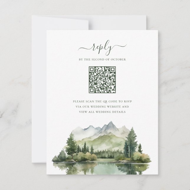 Tarjeta De Confirmación De Asistencia Elegante Boda de código QR de paisajes de montaña  (Anverso)