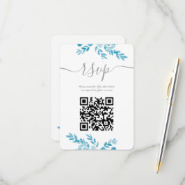Tarjeta De Confirmación De Asistencia Elegante Boda de código QR floral gris azul