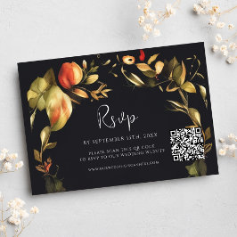 Tarjeta De Confirmación De Asistencia Elegante Boda de código QR negro floral