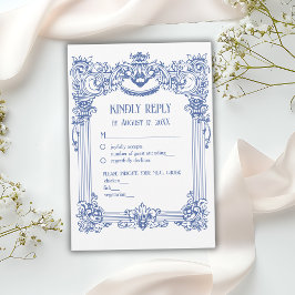 Tarjeta De Confirmación De Asistencia Elegante Boda de columna azul barroco floral