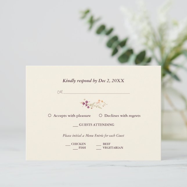 Tarjeta De Confirmación De Asistencia Elegante Boda de Cream Boho Wildflowers (Anverso de pie)