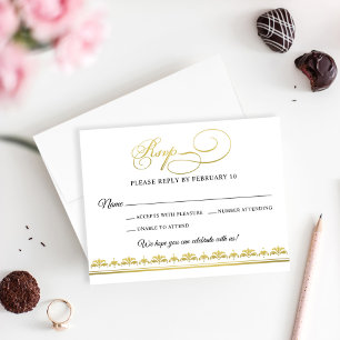 Tarjeta De Confirmación De Asistencia Elegante boda de damasco negro y dorado