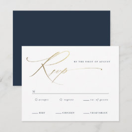 Tarjeta De Confirmación De Asistencia Elegante Boda de Escritura en Oro Azul Marino