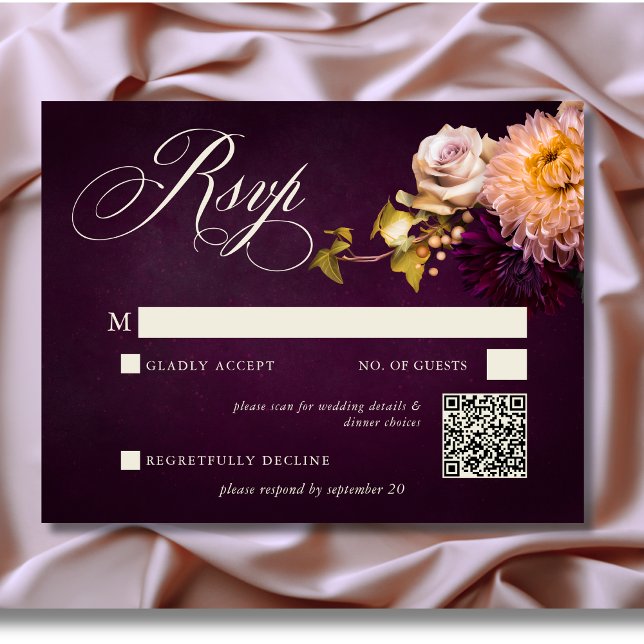 Tarjeta De Confirmación De Asistencia Elegante Boda de escritura floral borgoñona (Elegant Burgundy Moody Floral Script Wedding Response Card with QR Code)