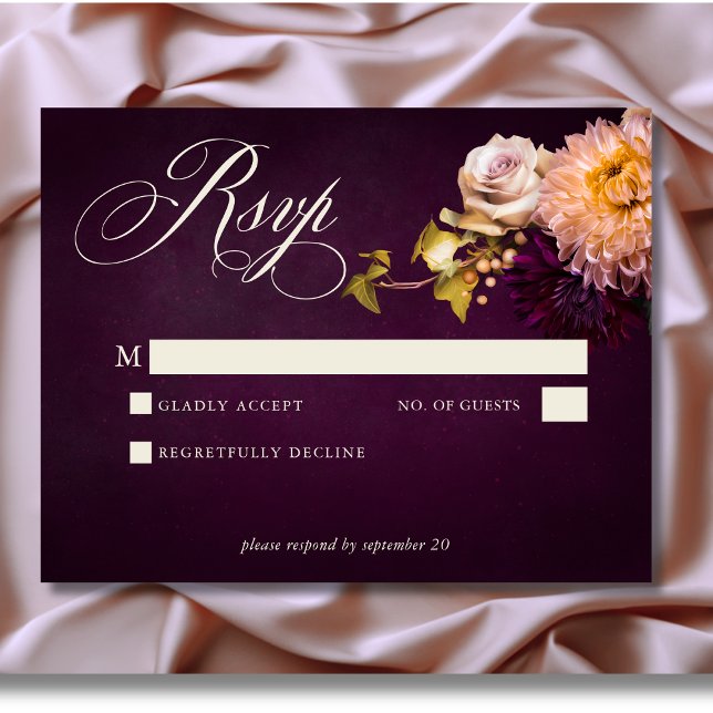 Tarjeta De Confirmación De Asistencia Elegante Boda de escritura floral borgoñona (Elegant Burgundy Moody Floral Script Wedding Response Card)