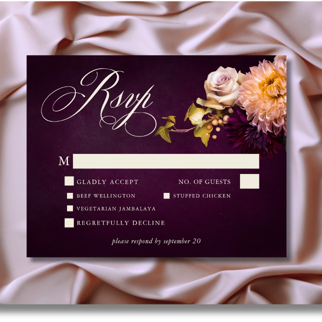 Tarjeta De Confirmación De Asistencia Elegante Boda de escritura floral borgoñona (Elegant Burgundy Moody Floral Script Wedding Response Card with Dinner Choices)