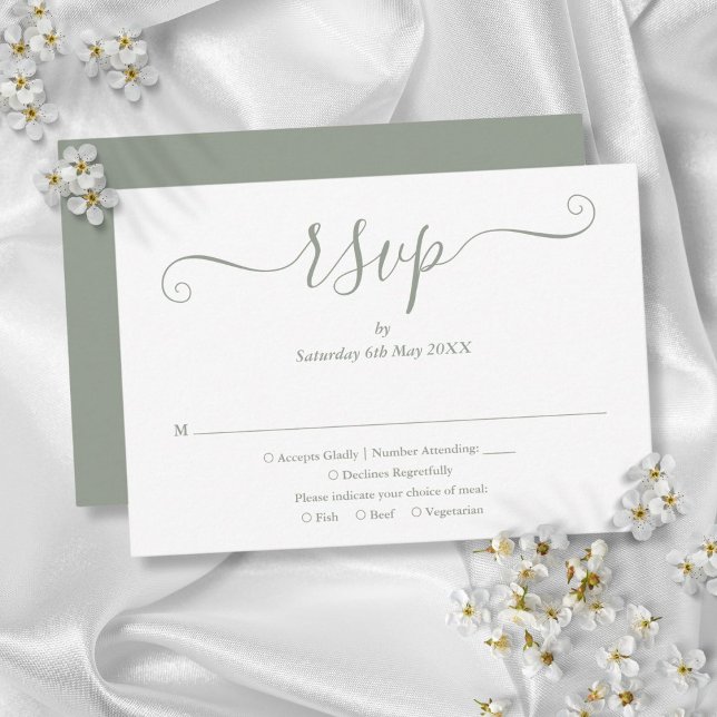 Tarjeta De Confirmación De Asistencia Elegante Boda de Escritura Moderna Verde Salvia (Elegant Modern Script Sage Green Wedding RSVP Card)