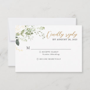 Tarjeta De Confirmación De Asistencia Elegante boda de eucalipto con oro y vegetación