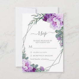 Tarjeta De Confirmación De Asistencia Elegante Boda de Eucalipto floral plateado y morad
