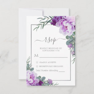 Tarjeta De Confirmación De Asistencia Elegante Boda de Eucaliptos Florales Morados y Pla