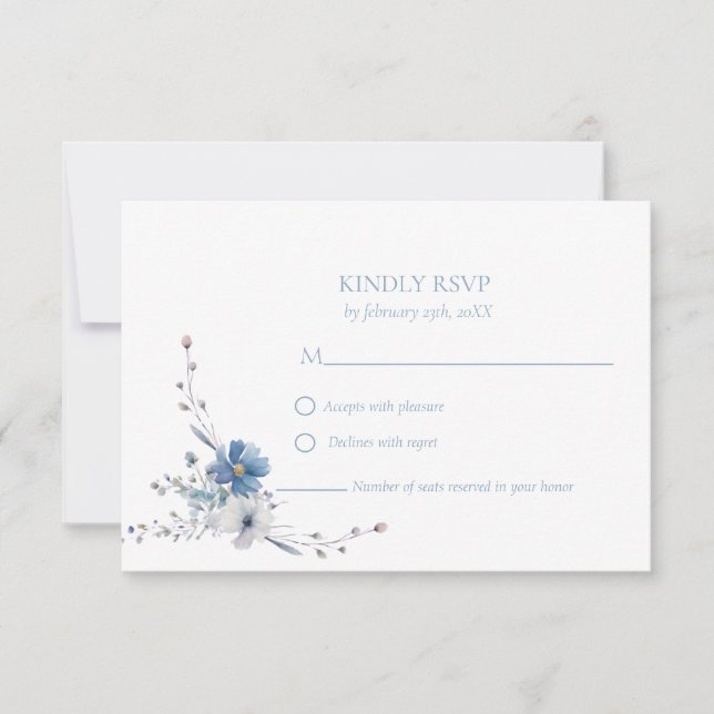 Tarjeta De Confirmación De Asistencia Elegante Boda de flor azul turbio (Anverso)