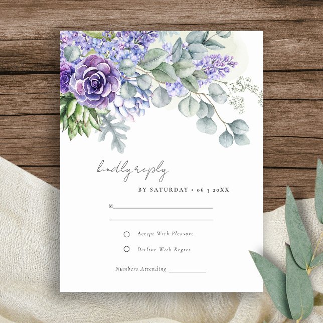 Tarjeta De Confirmación De Asistencia Elegante Boda de Foliage Eucalyptus Suculento Lila (Subido por el creador)