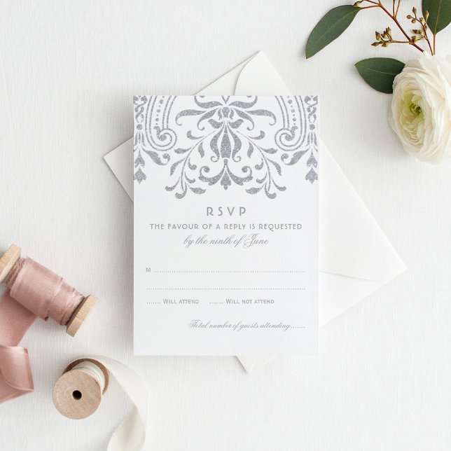 Tarjeta De Confirmación De Asistencia Elegante Boda de glamour de época plateada (Subido por el creador)