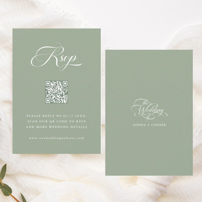 Tarjeta De Confirmación De Asistencia Elegante Boda de guiones Delicados Sage Green (Front & Back)