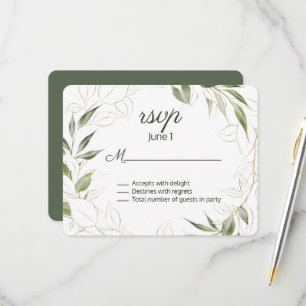 Tarjeta De Confirmación De Asistencia Elegante Boda de hojas verdes y doradas