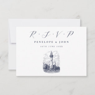 Tarjeta De Confirmación De Asistencia Elegante Boda de Ilustracion del faro náutico