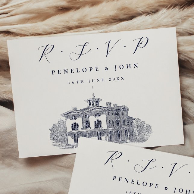 Tarjeta De Confirmación De Asistencia Elegante Boda de Ilustracion italiano Villa (Elegant Italian Villa Illustration Wedding RSVP Card)