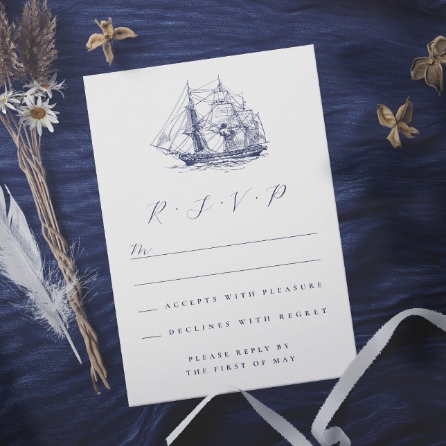 Tarjeta De Confirmación De Asistencia Elegante Boda de Ilustracion Náutico (In situ of nautical ship RSVP card)