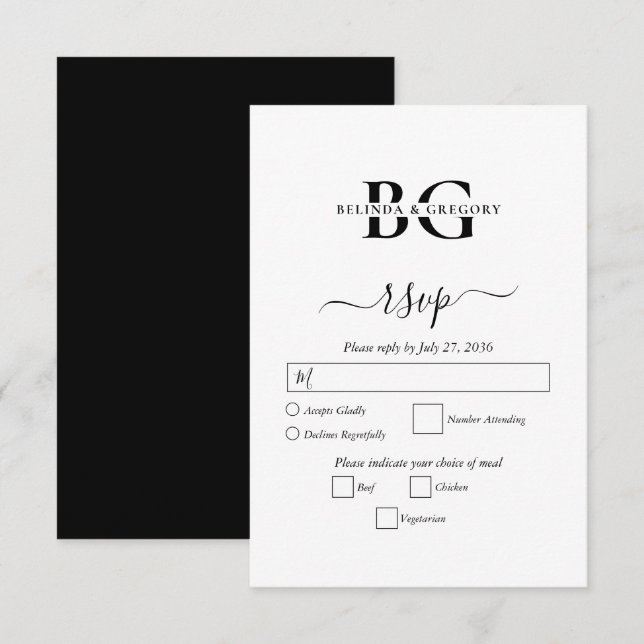 Tarjeta De Confirmación De Asistencia Elegante Boda de Iniciales de Monograma Blanco y N (Anverso / Reverso)