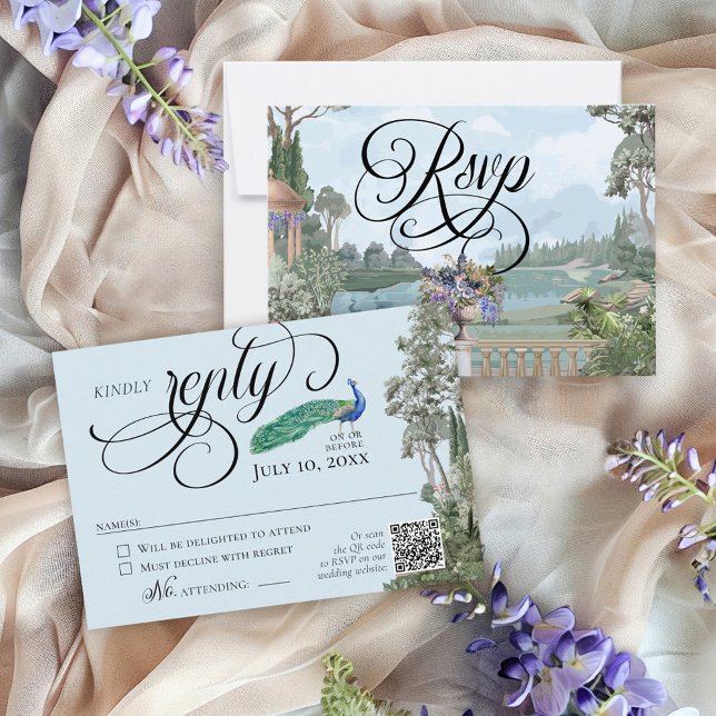 Tarjeta De Confirmación De Asistencia Elegante Boda de la vegetación del jardín azul de  (Unique vintage French peacock garden rococo chinoiserie greenery floral old money wedding RSVP)