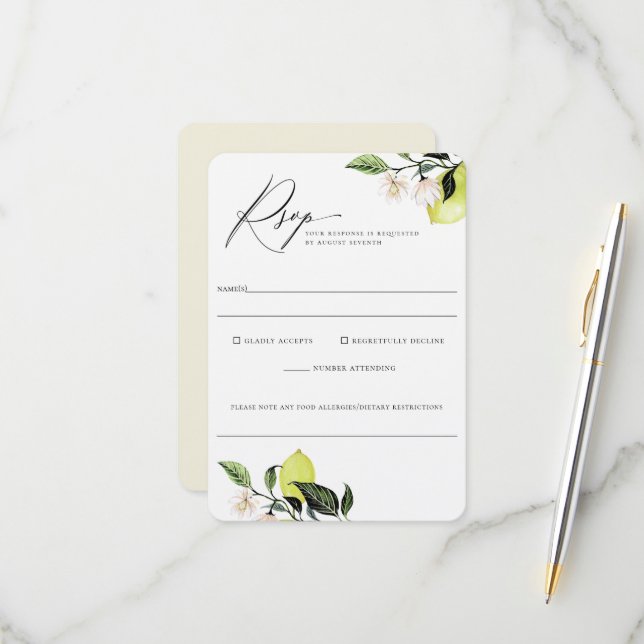 Tarjeta De Confirmación De Asistencia Elegante Boda De Lemones Botánicos Alergia Aliment (Anverso/Reverso In Situ)