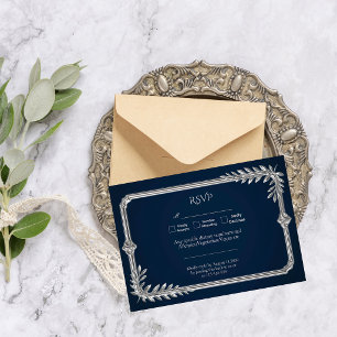 Tarjeta De Confirmación De Asistencia Elegante Boda de Lujo en Azul Marino y Plata