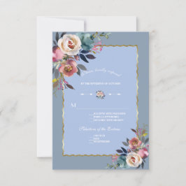 Tarjeta De Confirmación De Asistencia Elegante Boda de marco dorado con flores rosadas y
