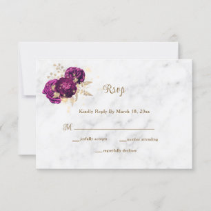 Tarjeta De Confirmación De Asistencia Elegante Boda de mármol de oro floral de Fuchsia
