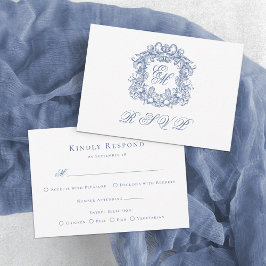 Tarjeta De Confirmación De Asistencia Elegante Boda de Monograma Azul Escudo