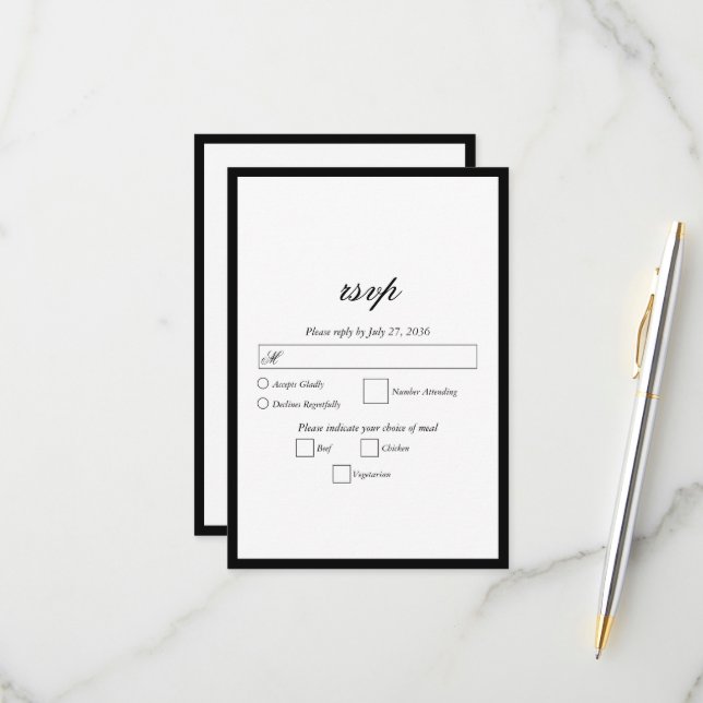 Tarjeta De Confirmación De Asistencia Elegante Boda de Monograma Blanco Negro Minimalist (Anverso/Reverso In Situ)
