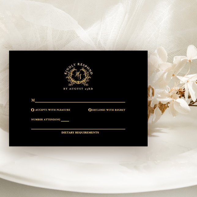 Tarjeta De Confirmación De Asistencia Elegante Boda de Monograma Negro/Oro (Subido por el creador)